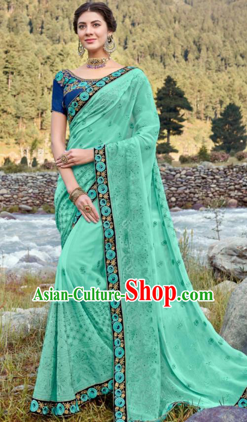 Asian Indian Embroidered Green Georgette Sari Dress India Traditional Bollywood Court Costumes for Women