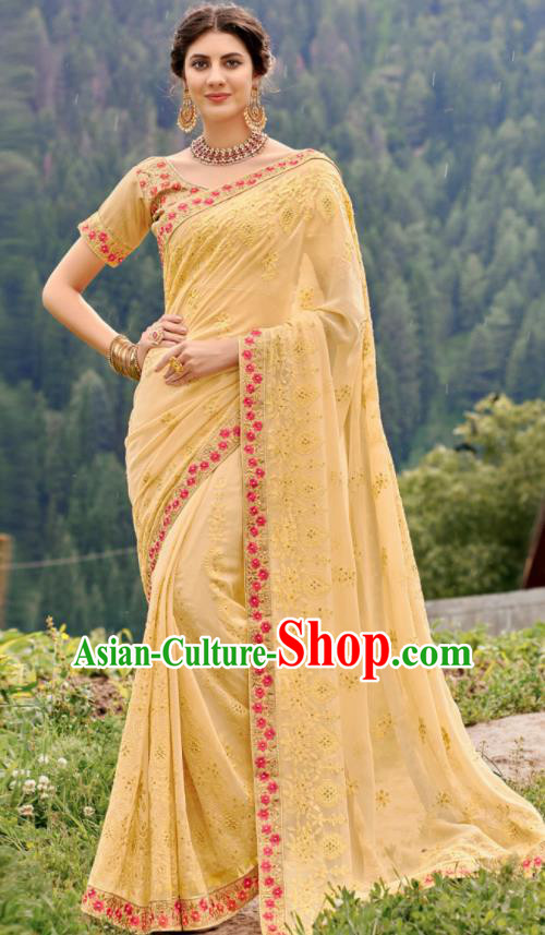 Asian Indian Embroidered Yellow Georgette Sari Dress India Traditional Bollywood Court Costumes for Women
