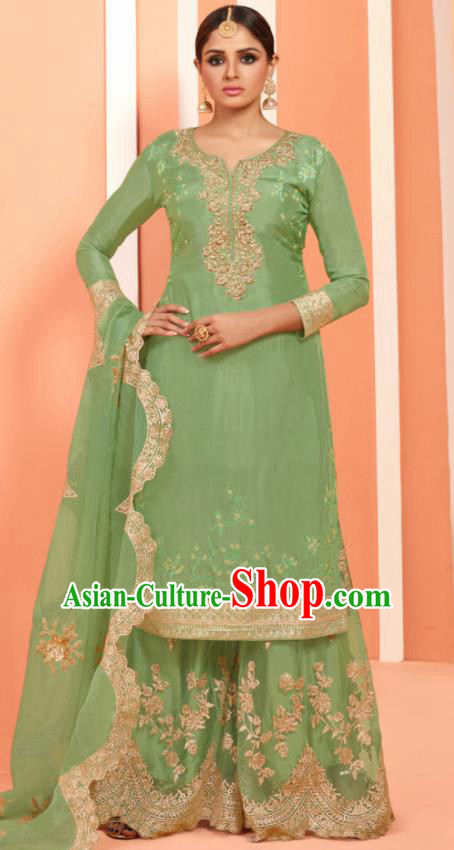 Asian Indian Embroidered Green Faux Georgette Blouse and Pants India Traditional Lehenga Choli Costumes Complete Set for Women