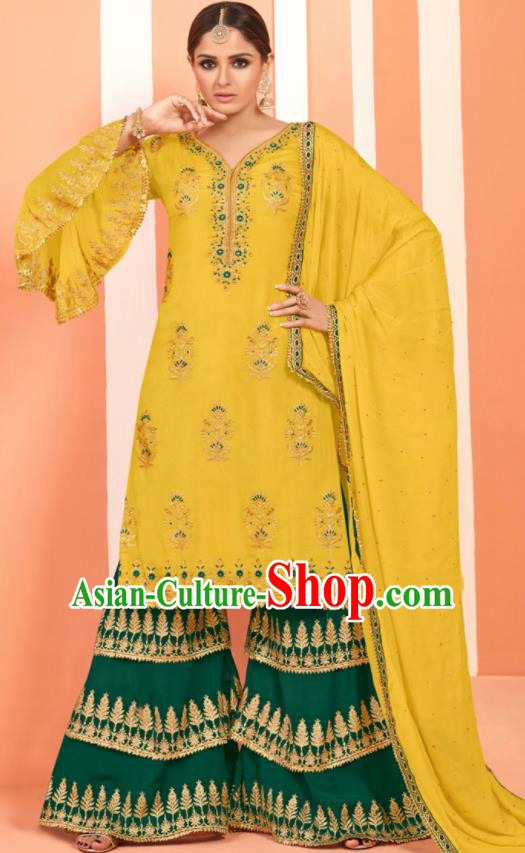 Asian Indian Embroidered Faux Georgette Yellow Blouse and Green Pants India Traditional Lehenga Choli Costumes Complete Set for Women