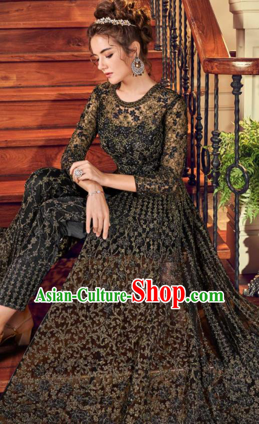 Asian Indian Embroidered Black Blouse and Pants India Traditional Lehenga Choli Costumes Complete Set for Women