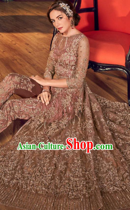 Asian Indian Embroidered Cameo Brown Blouse and Pants India Traditional Lehenga Choli Costumes Complete Set for Women