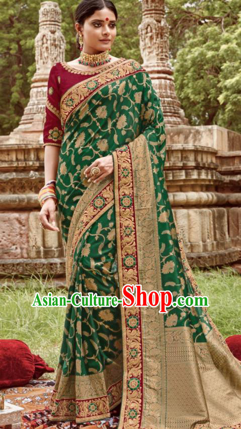 Asian Indian Bollywood Bride Embroidered Green Sari Dress India Traditional Court Wedding Costumes for Women