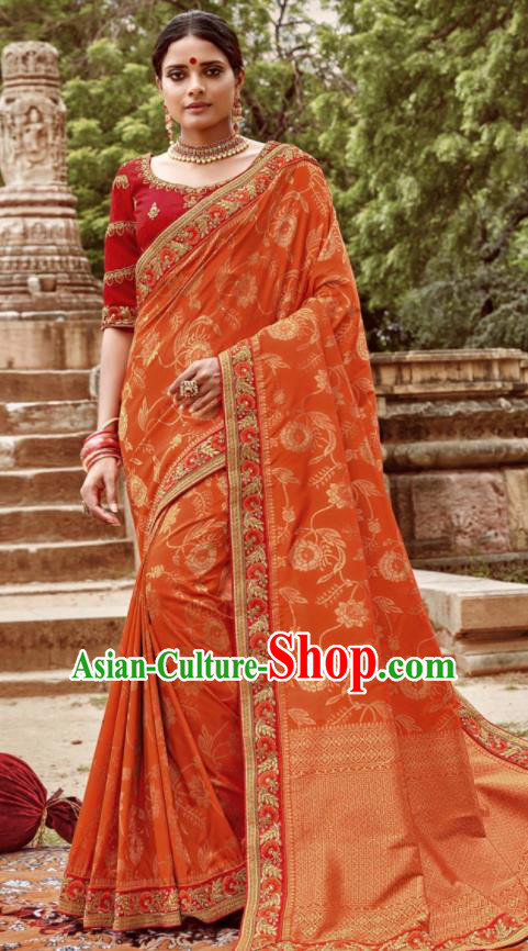 Asian Indian Bollywood Bride Embroidered Orange Sari Dress India Traditional Court Wedding Costumes for Women