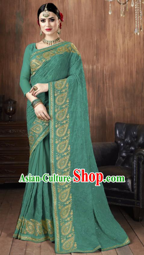 Asian Indian National Bollywood Green Georgette Embroidered Sari Dress India Traditional Costumes for Women