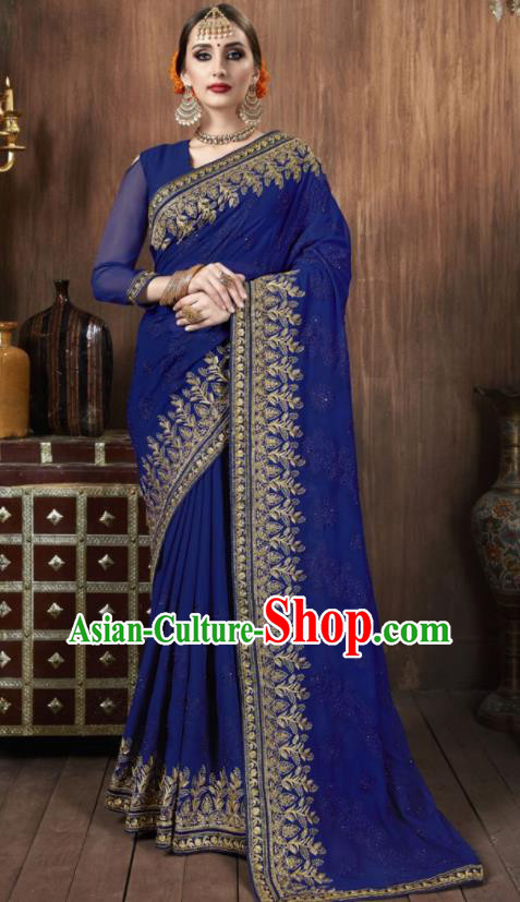 Asian Indian National Bollywood Royalblue Georgette Embroidered Sari Dress India Traditional Costumes for Women