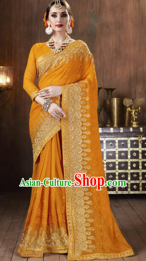 Asian Indian National Bollywood Orange Georgette Embroidered Sari Dress India Traditional Costumes for Women