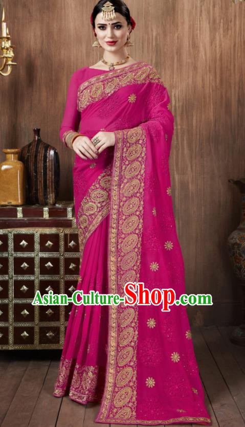 Asian Indian National Bollywood Rosy Georgette Embroidered Sari Dress India Traditional Costumes for Women