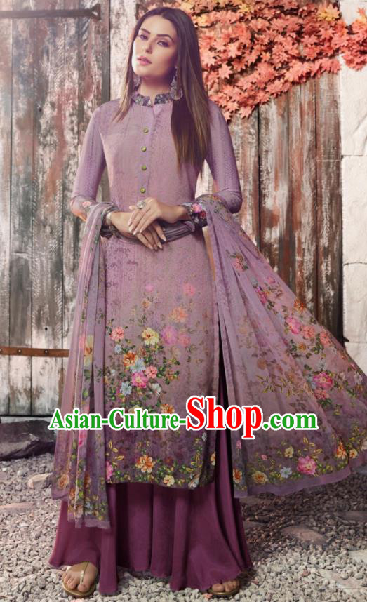 Asian Indian Traditional Printing Purple Crepe Blouse and Pants India Punjabis Lehenga Choli Costumes Complete Set for Women