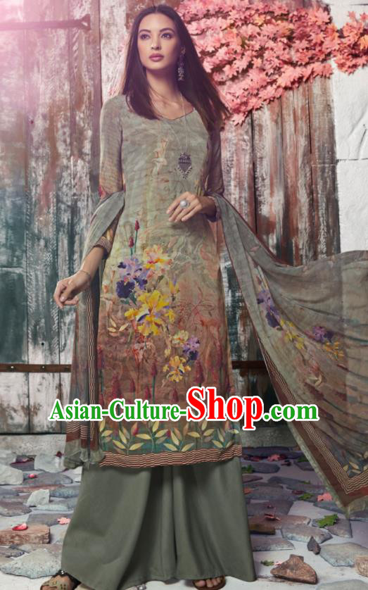 Asian Indian Traditional Printing Green Crepe Blouse and Pants India Punjabis Lehenga Choli Costumes Complete Set for Women
