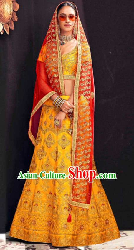 Asian Indian National Wedding Lehenga Golden Embroidered Dress India Bollywood Traditional Costumes for Women