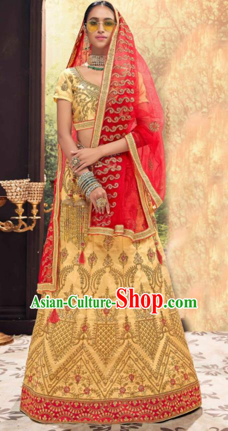 Asian Indian National Wedding Lehenga Light Golden Embroidered Dress India Bollywood Traditional Costumes for Women