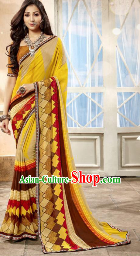 Asian Indian National Lehenga Printing Yellow Georgette Sari Dress India Bollywood Traditional Costumes for Women