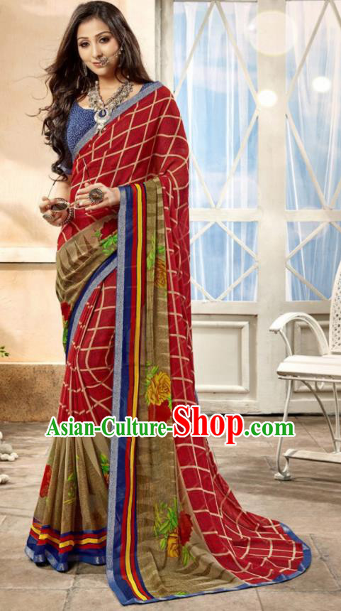 Asian Indian National Lehenga Printing Purplish Red Georgette Sari Dress India Bollywood Traditional Costumes for Women