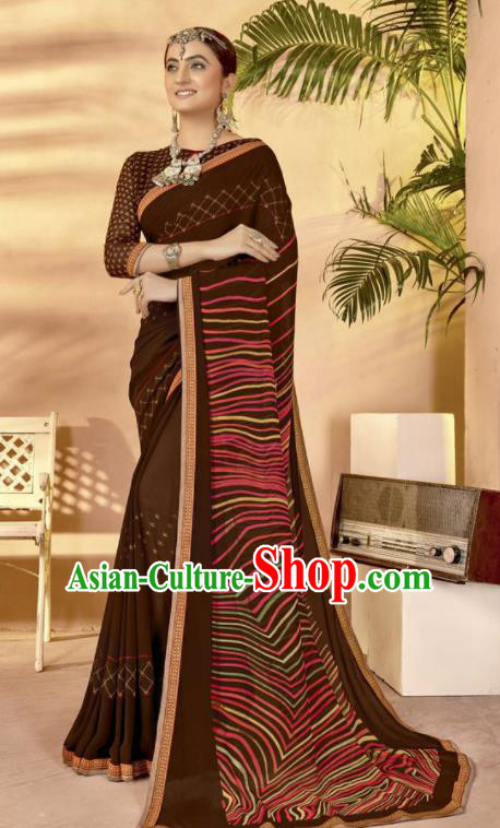 Deep Brown Georgette Asian Indian National Lehenga Printing Sari Dress India Bollywood Traditional Costumes for Women