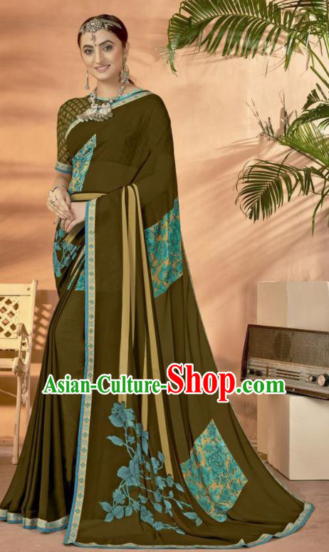 Olive Green Georgette Asian Indian National Lehenga Printing Sari Dress India Bollywood Traditional Costumes for Women