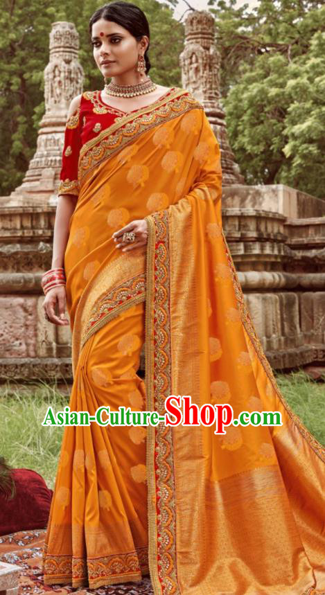 Asian Indian Bollywood Bride Embroidered Orange Sari Dress India Traditional Court Wedding Costumes for Women