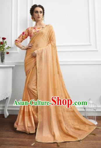 Light Orange Chiffon Asian Indian National Lehenga Sari Dress India Bollywood Traditional Costumes for Women