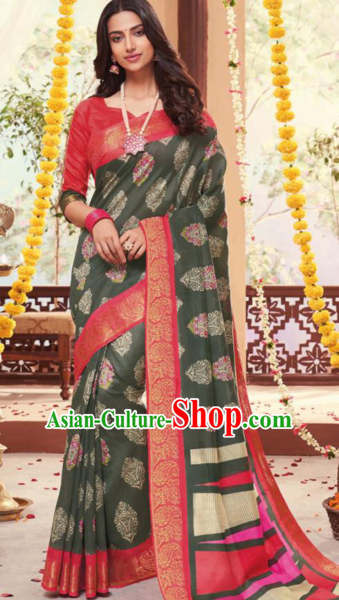 Asian Indian National Lehenga Olive Green Cotton Sari Dress India Bollywood Traditional Costumes for Women