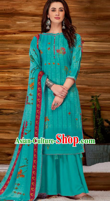 Asian Indian Bollywood Traditional Lake Blue Pashmina Blouse and Pants India Punjabis Lehenga Choli Costumes Complete Set for Women