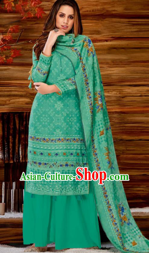 Asian Indian Bollywood Traditional Green Pashmina Blouse and Pants India Punjabis Lehenga Choli Costumes Complete Set for Women