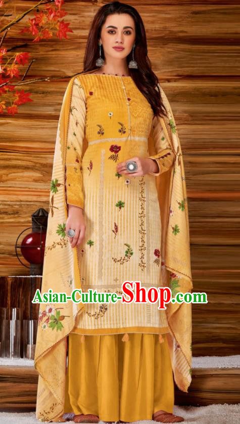 Asian Indian Bollywood Traditional Yellow Pashmina Blouse and Pants India Punjabis Lehenga Choli Costumes Complete Set for Women