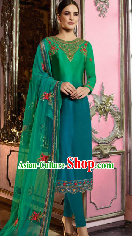 Asian Indian Punjabis Embroidered Green Satin Blouse and Pants India Traditional Lehenga Choli Costumes Complete Set for Women