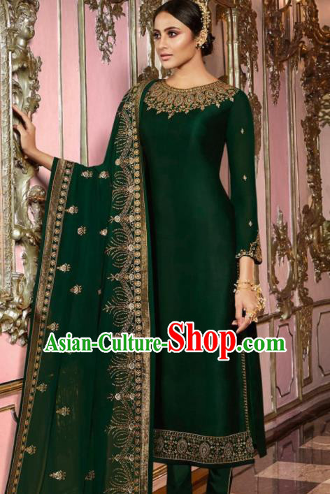 Asian Indian Punjabis Embroidered Deep Green Satin Blouse and Pants India Traditional Lehenga Choli Costumes Complete Set for Women