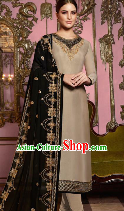 Asian Indian Punjabis Embroidered Khaki Satin Blouse and Pants India Traditional Lehenga Choli Costumes Complete Set for Women