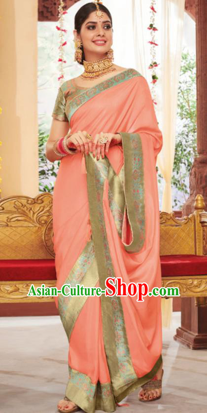 Asian Traditional Indian Festival Pink Silk Sari Dress India National Lehenga Bollywood Costumes for Women