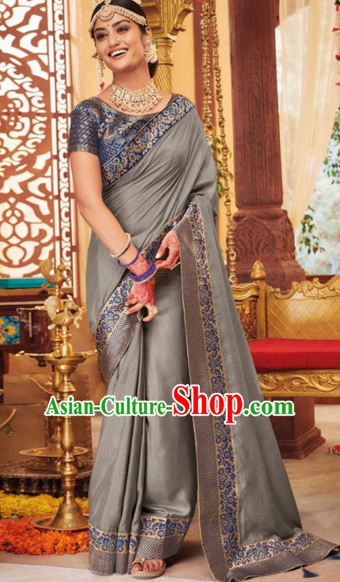 Asian Traditional Indian Festival Grey Silk Sari Dress India National Lehenga Bollywood Costumes for Women