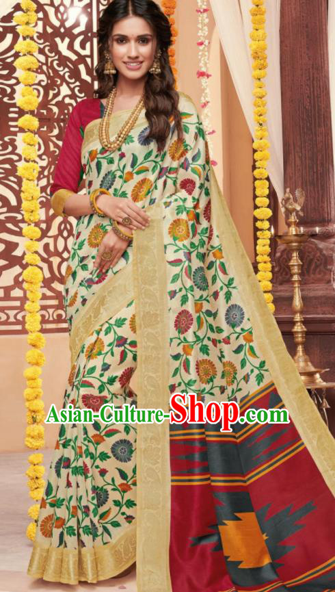 Asian Traditional Indian National Beige Cotton Sari Dress India Lehenga Bollywood Costumes for Women