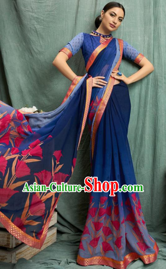 Asian Indian Bollywood Printing Royalblue Chiffon Sari Dress India Traditional Costumes for Women