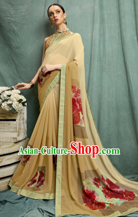 Asian Indian Bollywood Printing Ginger Chiffon Sari Dress India Traditional Costumes for Women