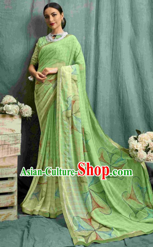 Asian Indian Bollywood Printing Light Green Chiffon Sari Dress India Traditional Costumes for Women