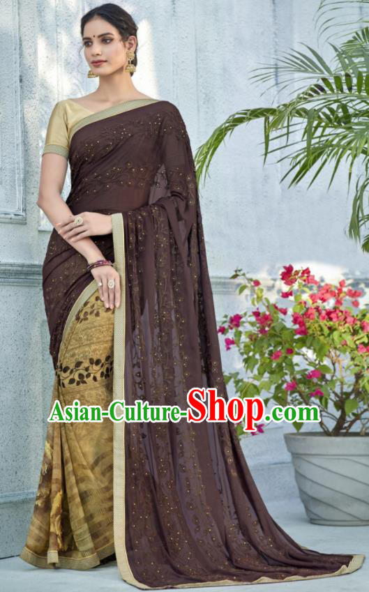 Asian Indian Bollywood Embroidered Brown Chiffon Sari Dress India Traditional Costumes for Women