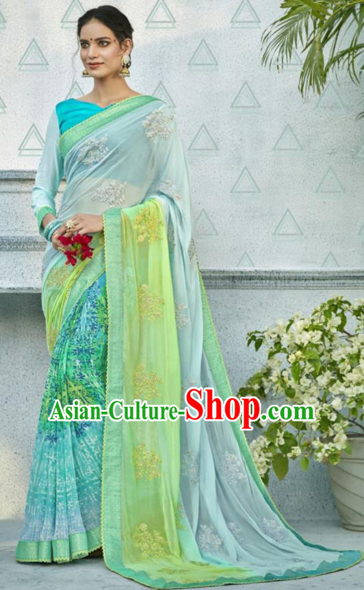 Asian Indian Bollywood Embroidered Light Blue Chiffon Sari Dress India Traditional Costumes for Women