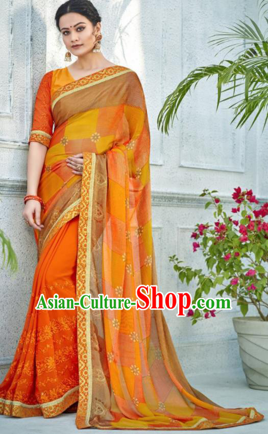 Asian Indian Bollywood Embroidered Orange Chiffon Sari Dress India Traditional Costumes for Women