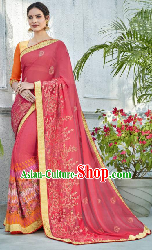 Asian Indian Bollywood Embroidered Peach Pink Chiffon Sari Dress India Traditional Costumes for Women