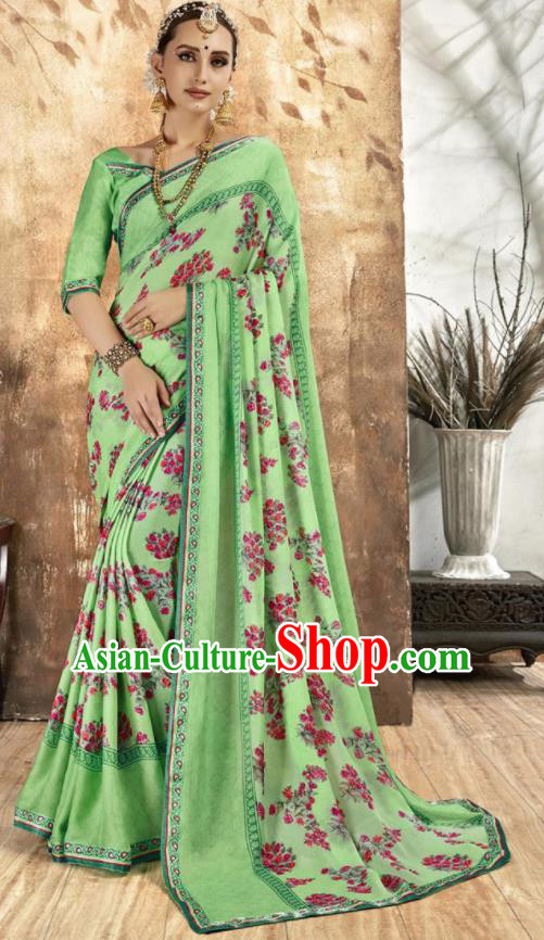 Asian Indian National Bollywood Printing Light Green Chiffon Sari Dress India Traditional Costumes for Women