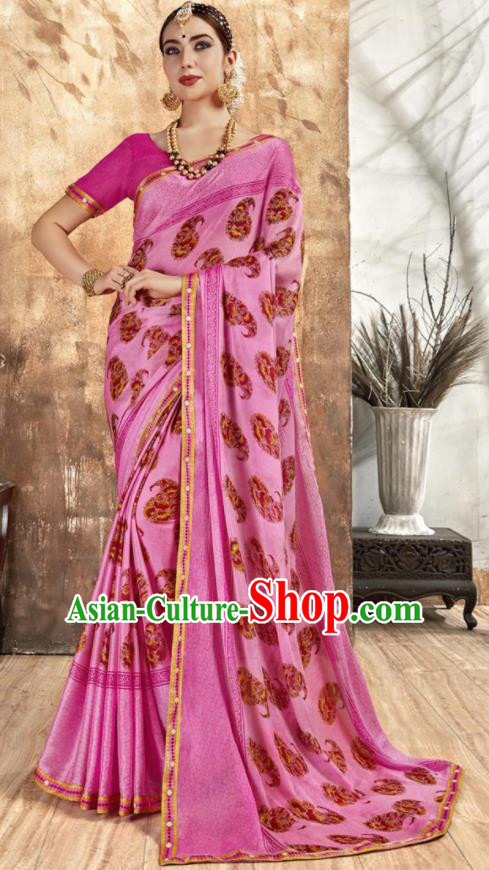 Asian Indian National Bollywood Printing Pink Chiffon Sari Dress India Traditional Costumes for Women