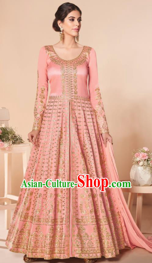 Asian Indian Lehenga Embroidered Pink Silk Blened Dress India Traditional Bollywood Court Costumes for Women