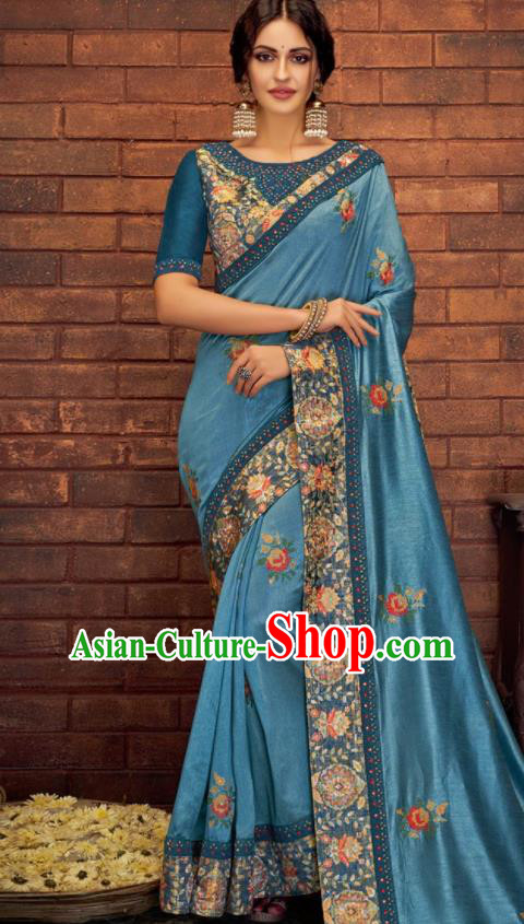 Asian Indian Court Blue Silk Embroidered Sari Dress India Traditional Bollywood Costumes for Women