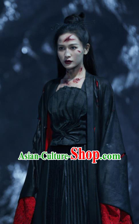 Chinese Ancient Heaven General Black Dress Drama Love and Destiny Female Swordsman Yuan Tong Replica Costumes for Women