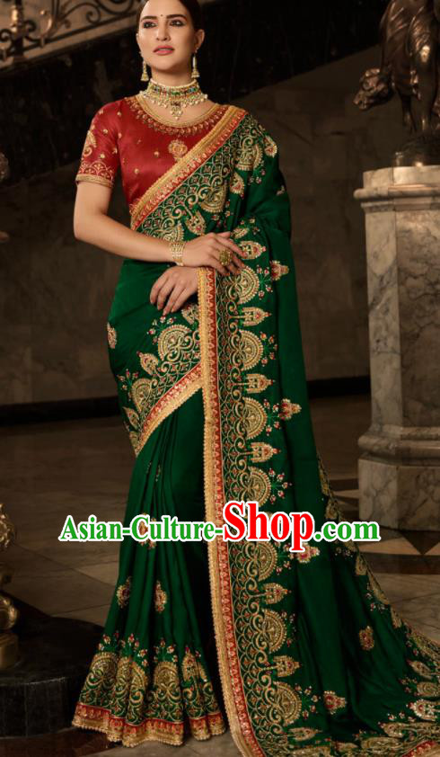 Asian Traditional Indian Court Embroidered Green Silk Sari Dress India National Festival Bollywood Costumes for Women