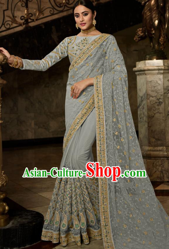 Asian Traditional Indian Court Embroidered Light Grey Silk Sari Dress India National Festival Bollywood Costumes for Women