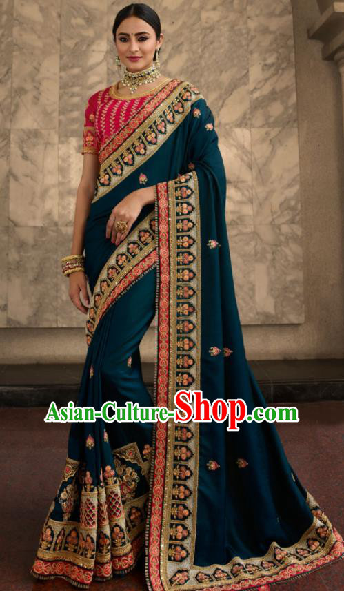Asian Traditional Indian Court Embroidered Peacock Blue Silk Sari Dress India National Festival Bollywood Costumes for Women