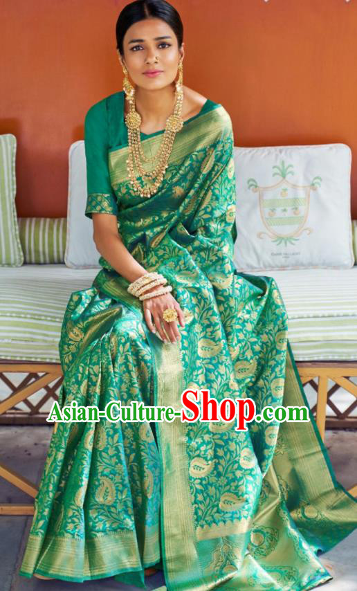 Asian Traditional Indian Court Queen Green Silk Sari Dress India National Festival Bollywood Costumes for Women