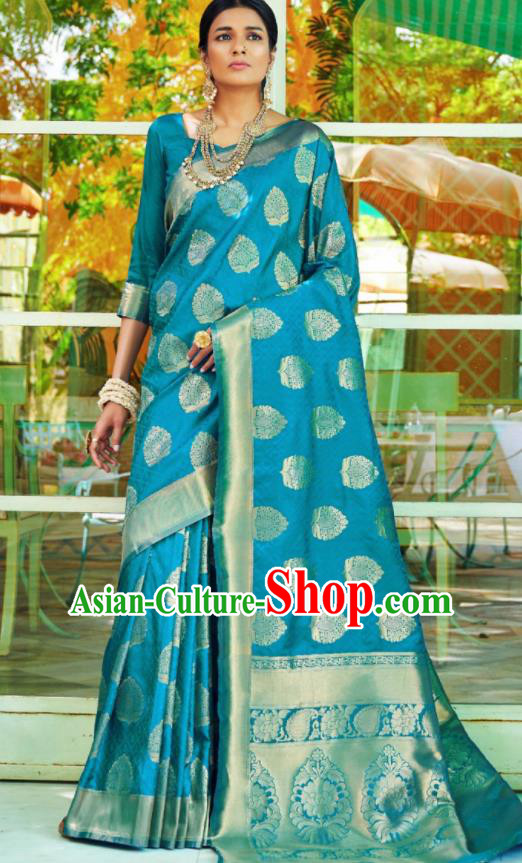 Asian Traditional Indian Court Queen Blue Silk Sari Dress India National Festival Bollywood Costumes for Women