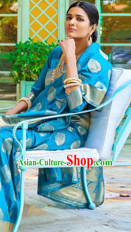 Asian Traditional Indian Court Queen Blue Silk Sari Dress India National Festival Bollywood Costumes for Women